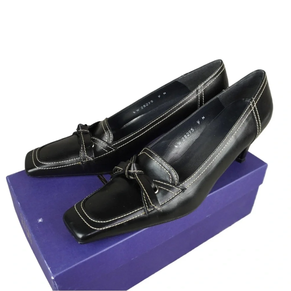 Stuart Weitzman Vtg Black Leather Square Toe Heels Size 9N Bow Tie Butler